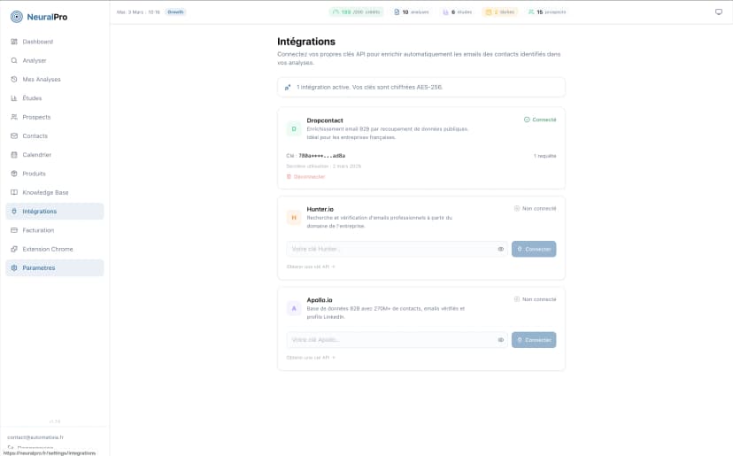 Intégrations NeuralPro - connectez Dropcontact, Hunter.io et Apollo.io avec vos clés API